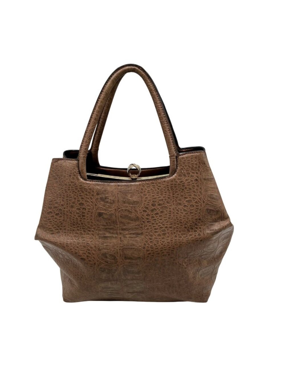Brown Croc-Embossed Faux Leather Satchel Bag